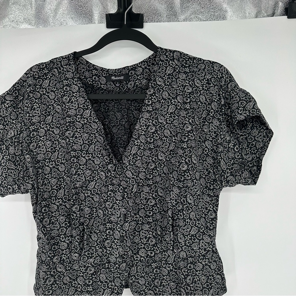 Madewell Pleated Black & White Short Sleeve Top Medium - Picture 3 of 7
